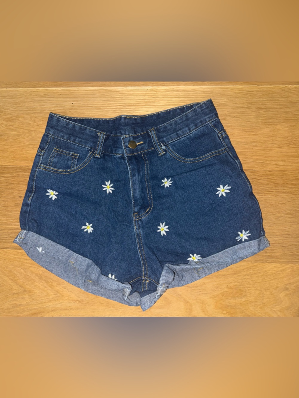 SHEIN Dark Blue Denim Jacket with White Daisy Embroidery